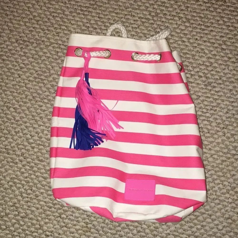 Pink White stripe Victoria’s Secret Rope handle shoulder Canvas tote Beach Bag